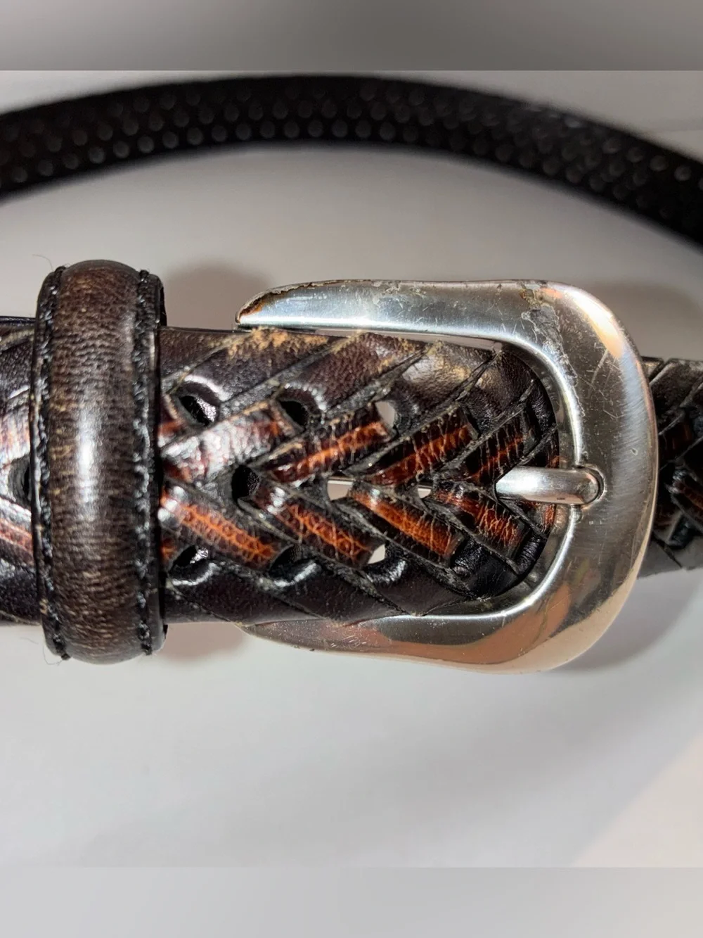1997 Brighton Men's Braided Leather Belt - Dark Brown with Silver Buckle 38